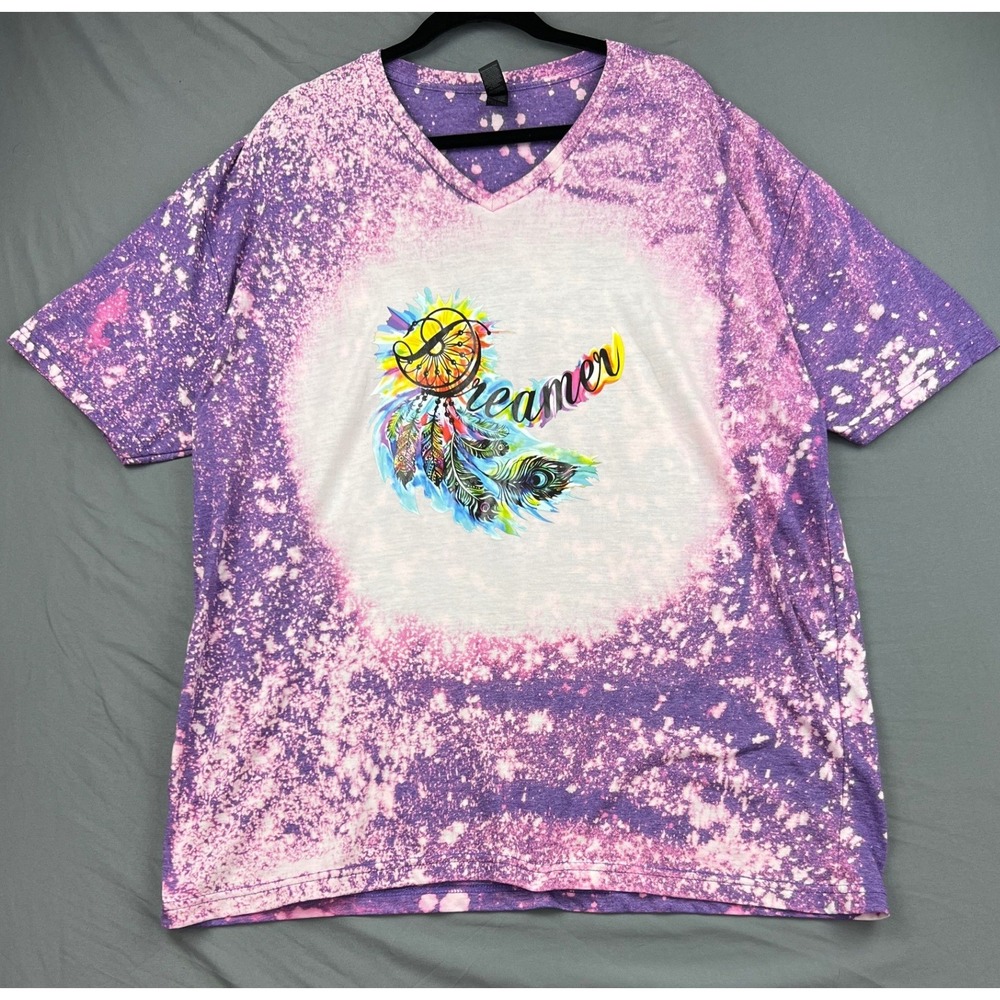 Gildan T Shirt Womens 2XL Dreamer Dreamcatcher Purple Bleached Tie Dye V-Neck